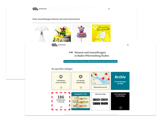 Homepage Screen mit und ohne laufendes Banner der umgesetzten Netmuseum Website für die Landesstelle für Museumsbetreuung Baden-Württemberg
