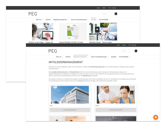 Leistungen und Mitgliedermanagement Screens der umgesetzten peg-einfachbesser.de Website für die PEG e.g.