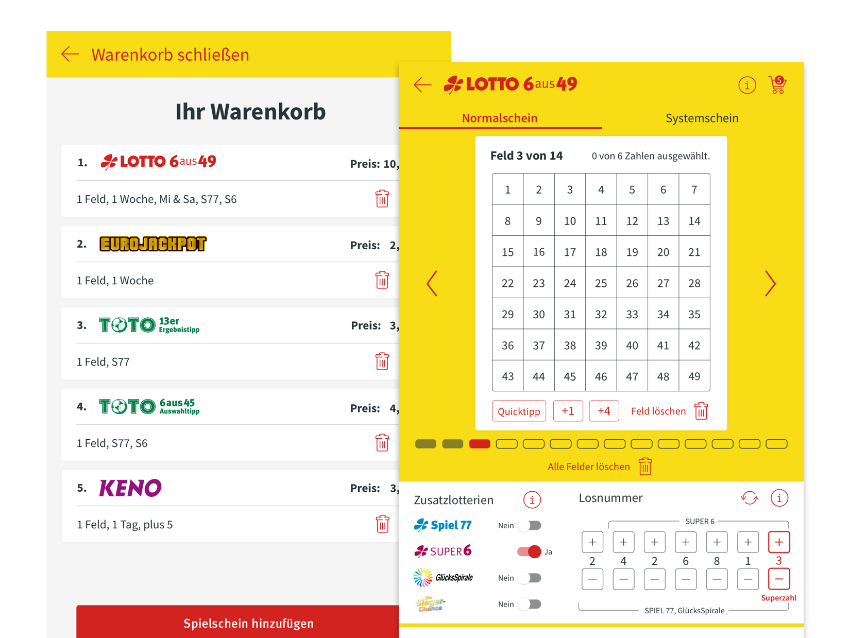 Warenkorb und Normalschein Screens der umgesetzten Smart Device App der Staatlichen Toto-Lotto GmbH Baden Württemberg