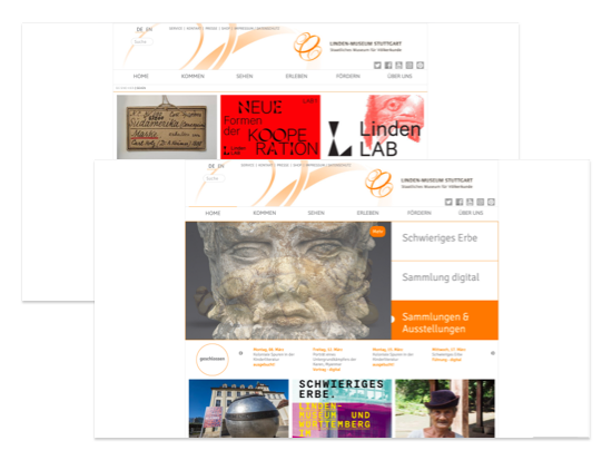 Sehen und Home Screens der umgesetzten Linden-Museum Stuttgart Website für das Staatliche Museum für Völkerkunde