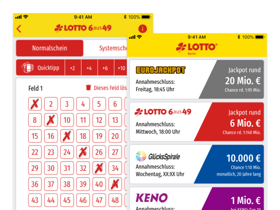 Quicktipp und Jackpot Screens der umgesetzten Berta App für die Deutsche Klassenlotterie Berlin