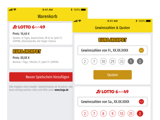 Gewinnüberprüfung und Gewinnzahlung und Spielscheine und Spielquittungen Screens der umgesetzten Berta App für die Deutsche Klassenlotterie Berlin