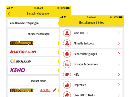 Benachrichtigungen und Annahmestellensuche Screens der umgesetzten Berta App für die Deutsche Klassenlotterie Berlin